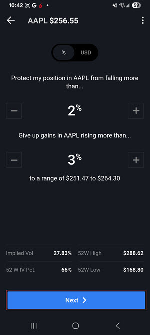 The protect a position forecast criteria on the Android phone. 